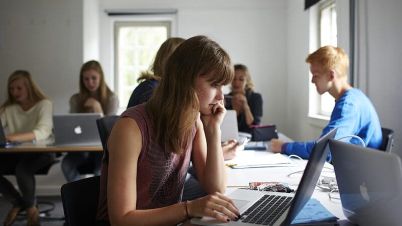 En gruppe elever i et klasseværelse, der hver bruger en bærbar computer under deres danskundervisning. En pige i forgrunden fokuserer på sin skærm, mens andre arbejder flittigt i baggrunden. Naturligt lys strømmer ind gennem et vindue og skaber en flittig atmosfære.