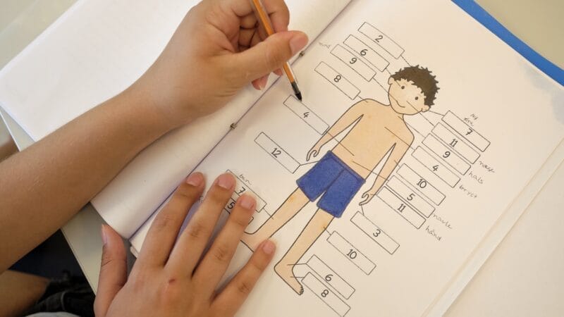 A child is holding a pencil and working on a body part labeling activity in a notebook. The page shows an illustration of a child in blue shorts with numbered labels pointing to different body parts.