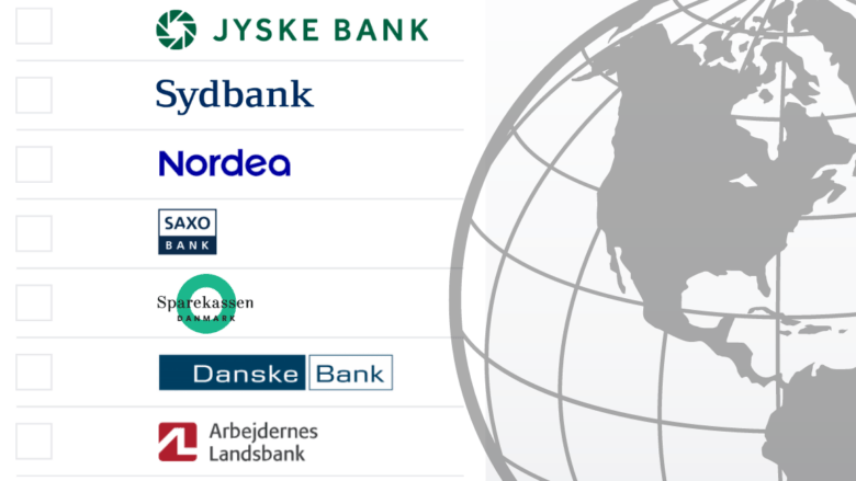 En liste over danske banklogoer: Jyske Bank, Sydbank, Nordea, Saxo Bank, Sparekassen Danmark, Danske Bank og Arbejdernes Landsbank, ved siden af en delvis globusillustration med fokus på Amerika.