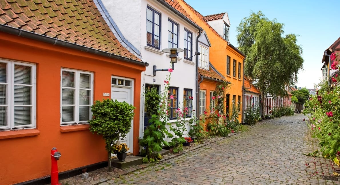En malerisk brostensbelagt gade med farverige huse, inklusive orange og hvidt ydre. Høje blomster og frodigt grønt pryder forhaverne. Himlen er klar og blå, hvilket forstærker den pulserende atmosfære.