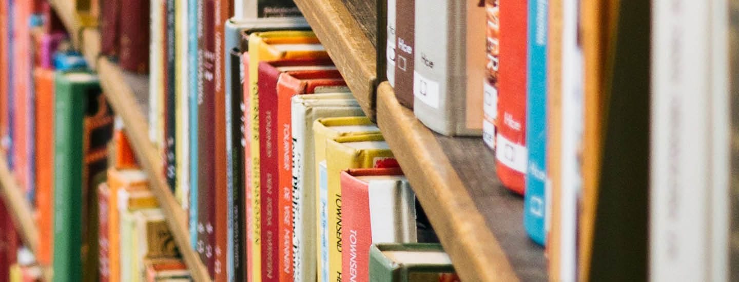 Bøger i forskellige farver og størrelser er pænt arrangeret på træhylder, hvilket skaber et livligt og velordnet bibliotek eller boghandel.