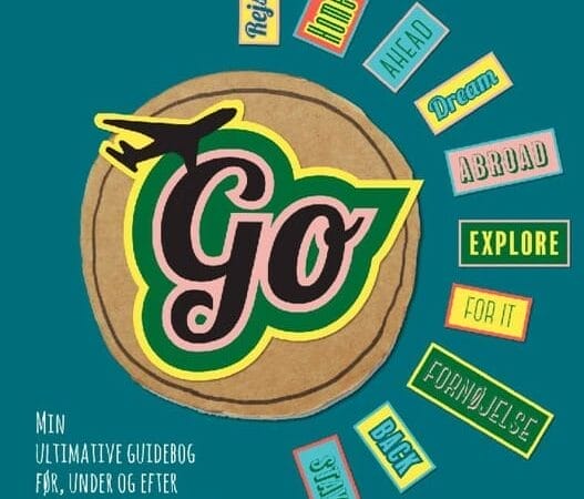 Billedet viser en stiliseret illustration af et fly med "Go" på en cirkulær baggrund. Farverige ord som "Rejse", "Drøm", "Udlandet", "Udforsk" og flere omgiver det, antyder eventyr og forandring, og lover en blød landing gennem hver rejse.
