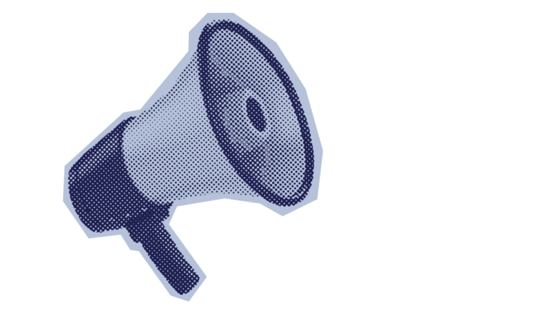 Illustration af en blå megafon, der udsender flere hvide lyn, der symboliserer lyd eller stemmeprojektion. Billedet har en prikket tekstur, hvilket giver det en retro tegneseriestil.