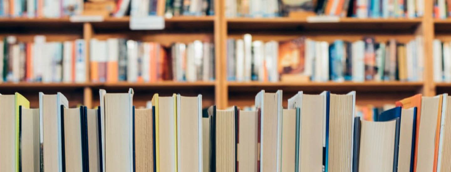 Nærbillede af flere bogrygge på en hylde, med en sløret baggrund af yderligere bogreoler fyldt med adskillige titler. Fokus fremhæver de lodrette kanter og viser en række forskellige farver og størrelser, der minder om de forskellige fortællinger i "Danskere i verden.