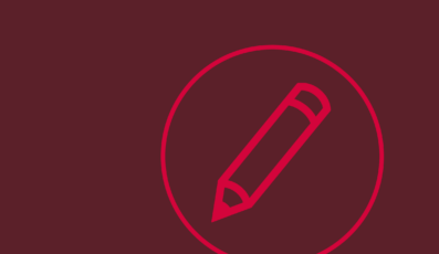 Et rødt blyantikon inde i en cirkel er centreret på en mørk rødbrun baggrund. Blyanten vippes diagonalt, og både blyant og cirkel er omridset i en lidt lysere rød.