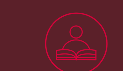 En simpel stregillustration af en person, der læser en bog inde i en cirkel. Både figuren og cirklen er i lys pink mod en mørkerød baggrund. Designet giver en moderne og minimalistisk følelse.