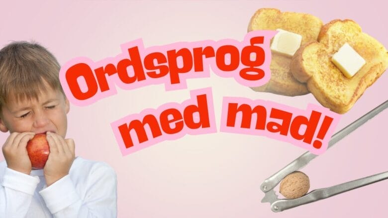 En ung dreng bider i et æble. Over ham står der med fede røde bogstaver den danske sætning "Ordsprog med mad!". Øverst til højre er der skiver af smørristet toast, og nederst til højre en tang, der holder en nød.