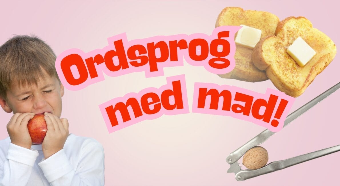 En ung dreng bider i et æble. Over ham står der med fede røde bogstaver den danske sætning "Ordsprog med mad!". Øverst til højre er der skiver af smørristet toast, og nederst til højre en tang, der holder en nød.