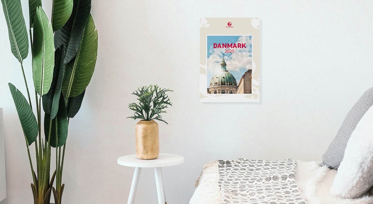 Et minimalistisk soveværelse har en seng med et mønstret tæppe, et lille hvidt rundt bord med en potteplante og en stor bladplante. En plakat på væggen viser en arkitektonisk kuppel med teksten "DANMARK 2023.