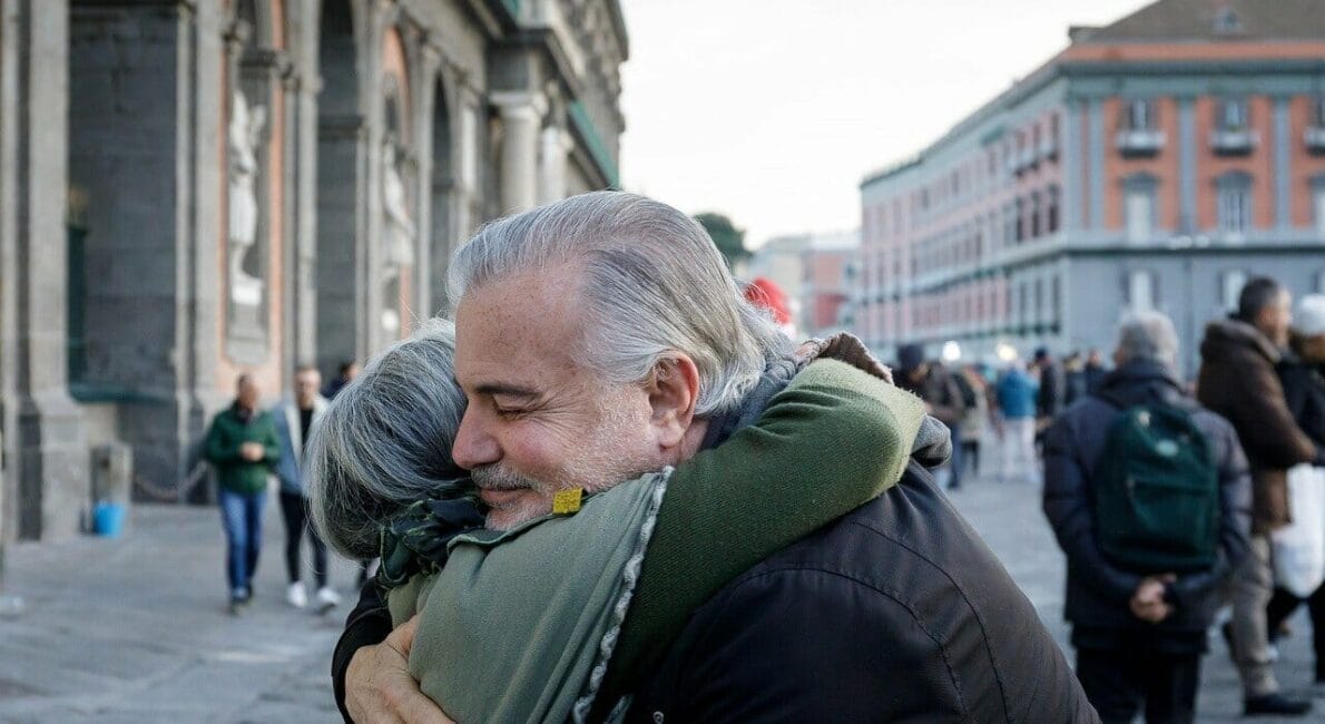 En mand og en kvinde omfavnes varmt i forgrunden på en offentlig plads. Andre mennesker slentrer i baggrunden, og historiske bygninger ligger langs området. Stemningen er rolig og himlen er overskyet.