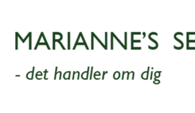 Logo of Mariannes Seniorhjælp in Danish. Features a green circle with the letters M and H inside. The text reads Mariannes Seniorhjælp - det handler om dig in green to the right of the circle.