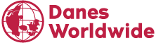 Logo of Danes Worldwide: Et rødt globusikon med et kort over Danmark ved siden af teksten "Danes Worldwide" i rødt, placeret til højre for kloden.