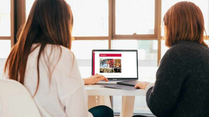 To personer sidder ved et bord foran en bærbar computer og viser tegneserieforsider, fordybet i deres diskussion. De er i et lyst rum med store vinduespartier. En person peger begejstret på skærmen og forbinder måske de levende historier med deres seneste satsning på danskundervisning.