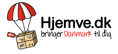 Logo of Hjemve.dk featuring a red and white parachute attached to a cardboard box adorned with a Danish flag. The text reads: Hjemve.dk - bringer Danmark til dig med fantastiske discounts.