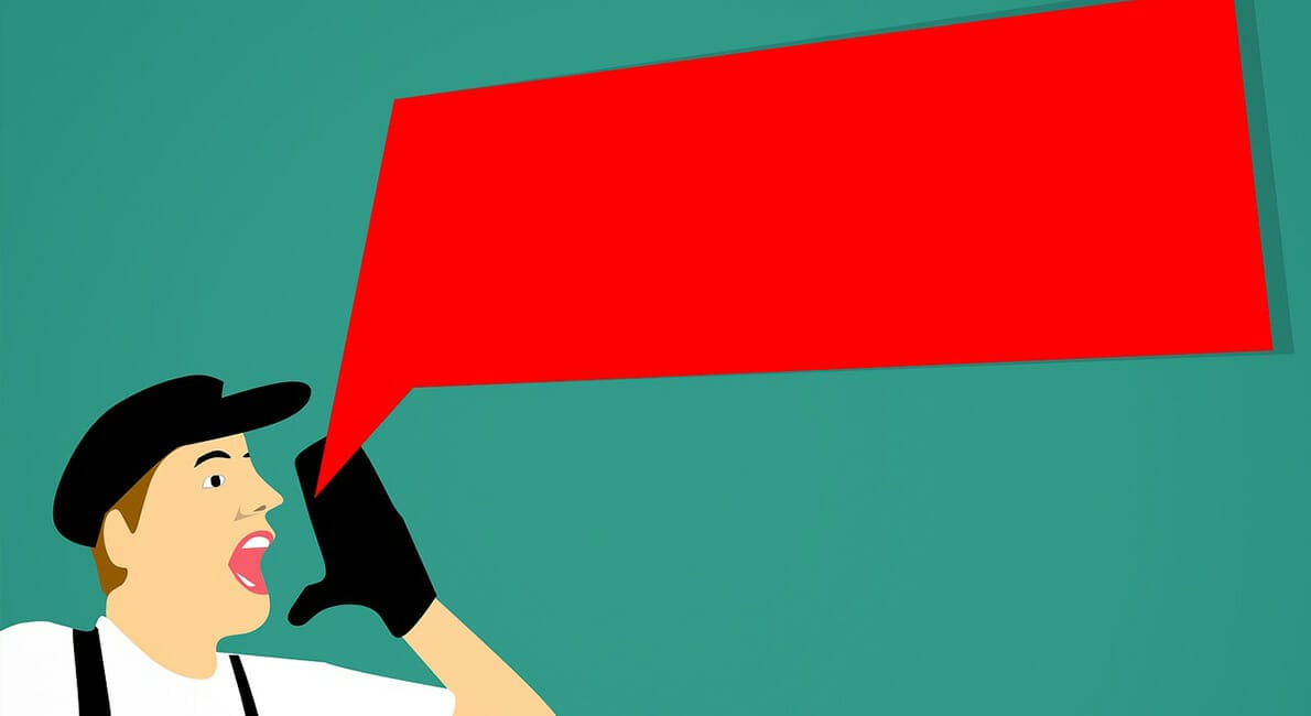 Illustration af en person iført baret og handsker, der råber ind i en stor rød taleboble. Baggrunden er grøn, og personens udtryk antyder, at vedkommende laver en meddelelse eller en forklaring.