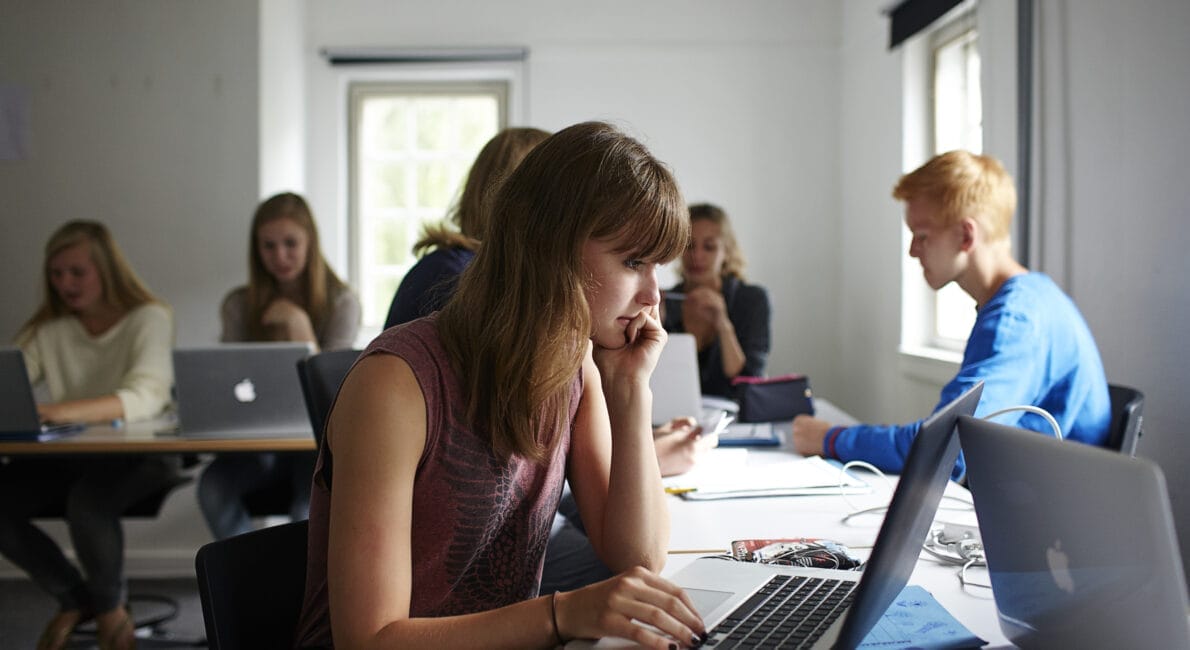 Et klasseværelse fyldt med aktivitet, da flere elever arbejder flittigt på bærbare computere. I forgrunden er en ung kvinde opslugt af sin skærm, der legemliggør den beslutsomhed, der findes i CEFR-færdighedsstudier, mens andre omkring hende fokuserer intenst af de solbeskinnede vinduer.